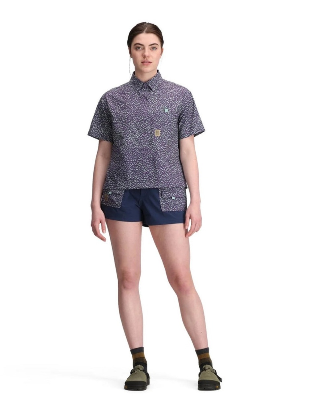 NWOT Topo Designs Women's Retro River Short Sleeve Shirt purple pattern - Small